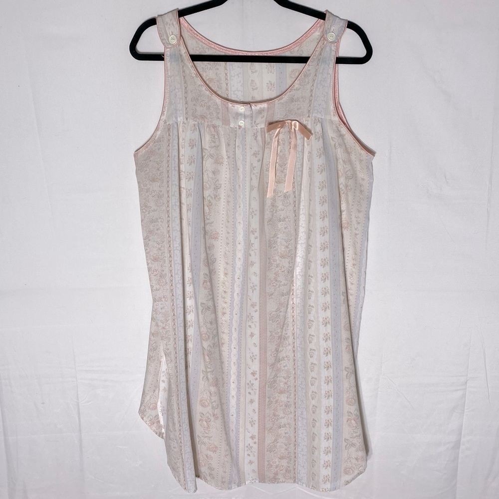 Vintage 80s Semi Sheer Floral Striped Sleeveless Cottagecore Nightgown S